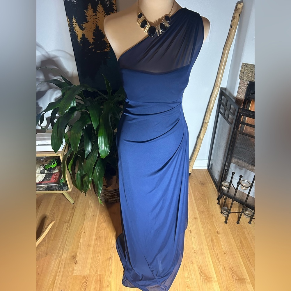 davids bridal dress Women’s Sz 0 Mesh One Shoulder Marine Blue Dress NWT Classic - Picture 2 of 13
